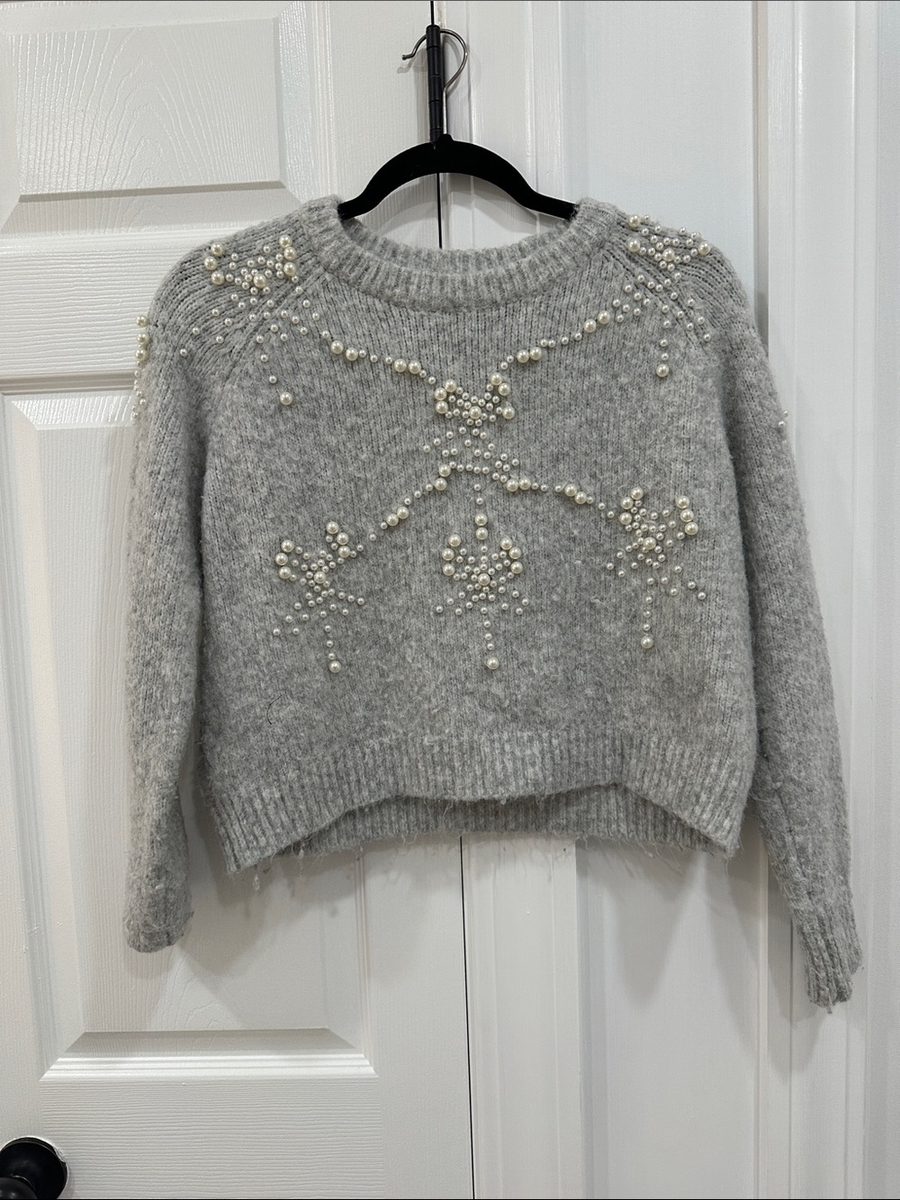 Zara Grey Crewneck Sweater with Pearl Embellishments